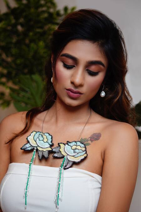 Rejuvenate Jewels_Sky Blue Hand Embroidered Petal Necklace _at_Aza_Fashions