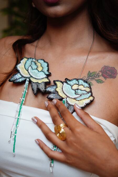 Buy_Rejuvenate Jewels_Sky Blue Hand Embroidered Petal Necklace 