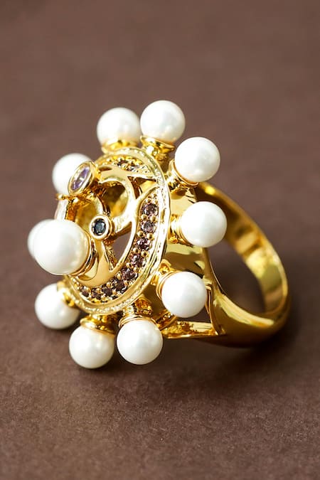 Shop Shazé Multi Color Pearls Halatia Embellished Ring at Aza Fashions Shop_Shazé_Multi Color Pearls Halatia Embellished Ring _at_Aza_Fashions