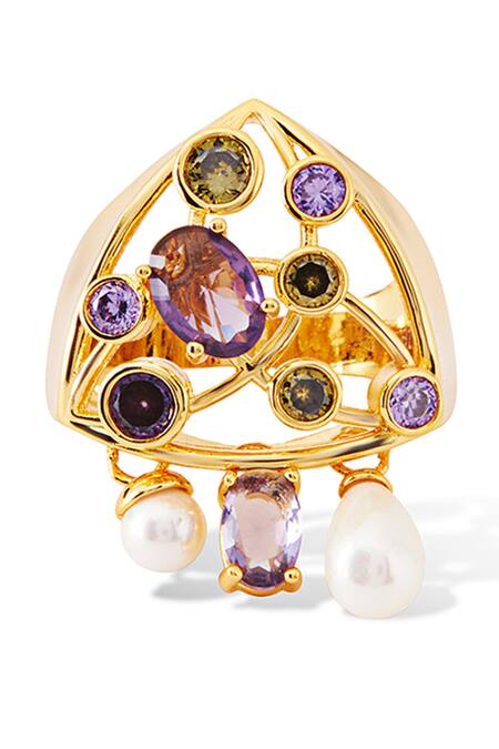 Shazé_Multi Color Pearls, Stones Amethyst Garden Embellished Ring_Online_at_Aza_Fashions