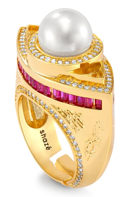 Shop Shazé Multi Color Pearls, Stones Minerva Embellished Ring at Aza Fashions Shop_Shazé_Multi Color Pearls, Stones Minerva Embellished Ring _at_Aza_Fashions