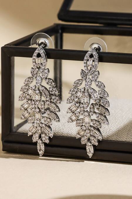 Shop Shazé Silver Plated Stones Stardust Studded Leafy Vine Earrings at Aza Fashions Shop_Shazé_Silver Plated Stones Stardust Studded Leafy Vine Earrings_at_Aza_Fashions