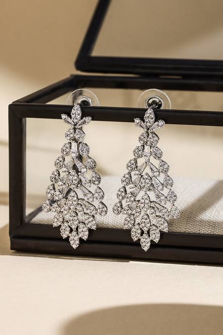 Shop_Shazé_Silver Plated Stones Mesmeric Studded Leafy Cascade Earrings_at_Aza_Fashions