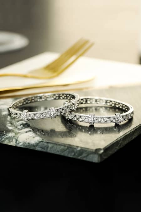 Shop Shazé Silver Plated Stones Labyrinth Embellished Hoops at Aza Fashions Shop_Shazé_Silver Plated Stones Labyrinth Embellished Hoops _at_Aza_Fashions