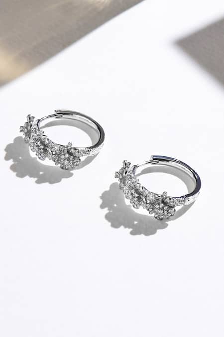 Shop Shazé Silver Plated Stones Forests Heartbeat Embellished Floral Hoops at Aza Fashions Shop_Shazé_Silver Plated Stones Forests Heartbeat Embellished Floral Hoops_at_Aza_Fashions