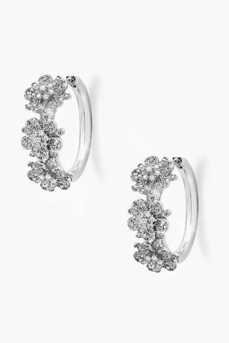 Shop_Shazé_Silver Plated Stones Forests Heartbeat Embellished Floral Hoops_Online_at_Aza_Fashions
