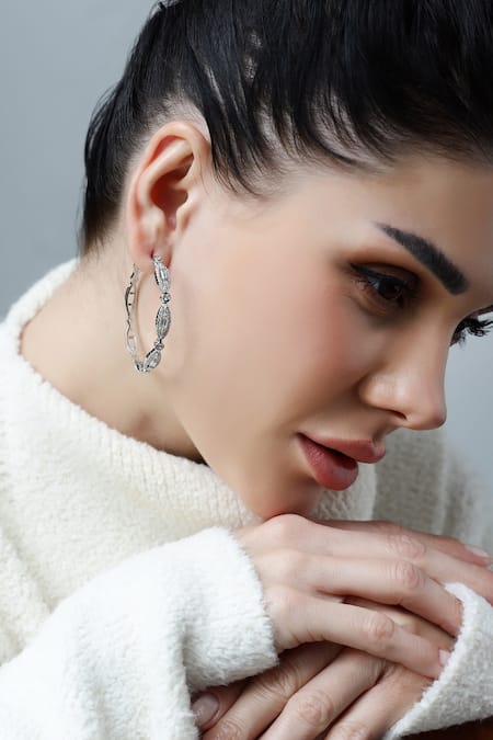 Shazé_Silver Plated Stones Dewdrops Ellipse Embellished Hoops _at_Aza_Fashions