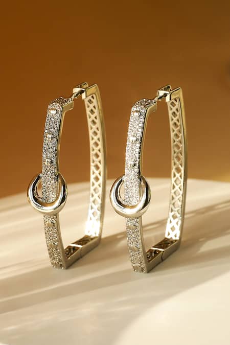 Shop Shazé Silver Plated Stones Woodland Lore Embellished Square Hoops at Aza Fashions Shop_Shazé_Silver Plated Stones Woodland Lore Embellished Square Hoops _at_Aza_Fashions