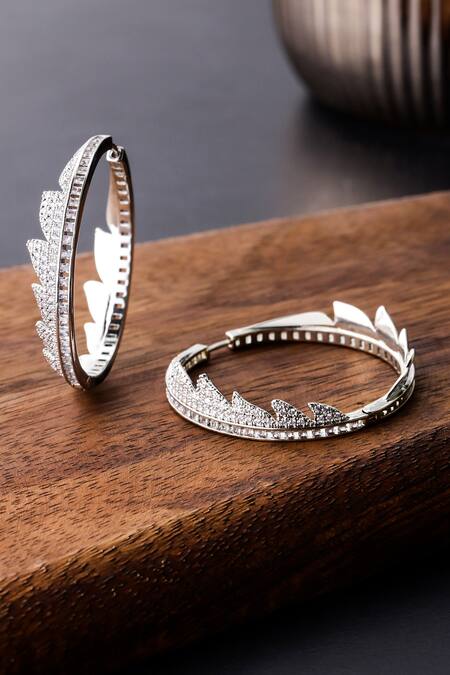 Shop_Shazé_Silver Plated Stones Forest Fire Cut-out Embellished Hoops_Online_at_Aza_Fashions