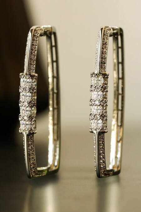 Shop Shazé Silver Plated Stones Solar Veil Embellished Square Hoops at Aza Fashions Shop_Shazé_Silver Plated Stones Solar Veil Embellished Square Hoops_at_Aza_Fashions