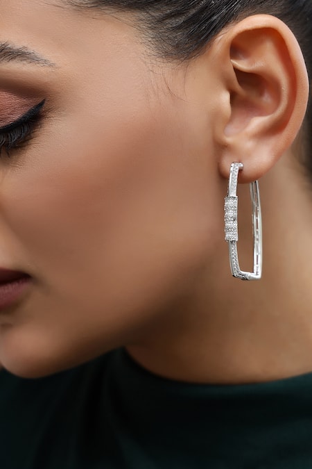 Shazé_Silver Plated Stones Solar Veil Embellished Square Hoops_Online_at_Aza_Fashions