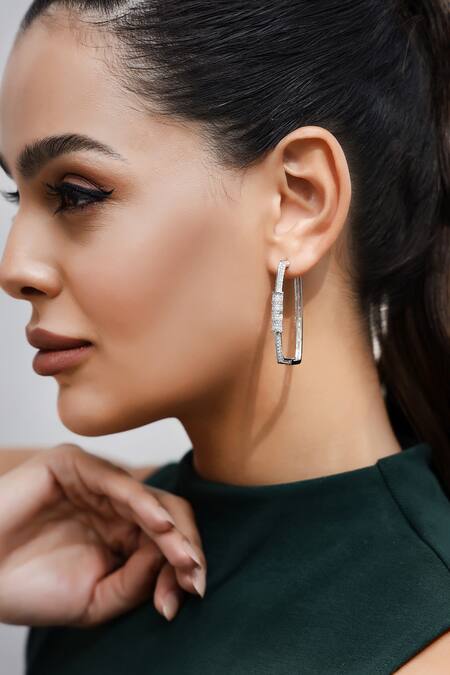 Shop_Shazé_Silver Plated Stones Solar Veil Embellished Square Hoops_Online_at_Aza_Fashions