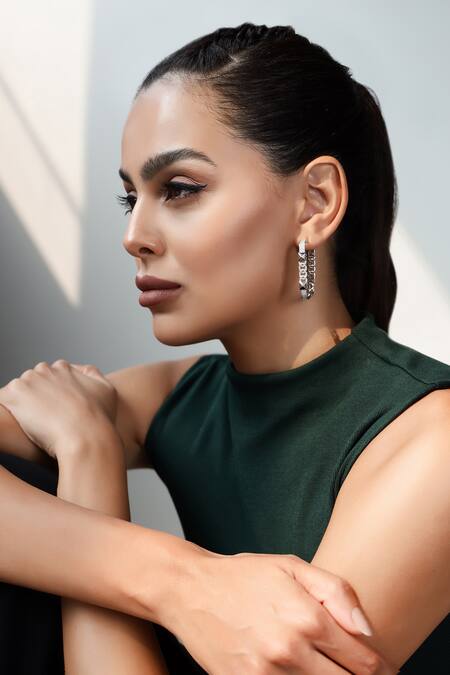 Buy_Shazé_Silver Plated Stones Willows Veil Embellished Hoops _Online_at_Aza_Fashions