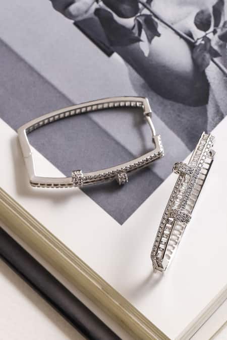 Shop Shazé Silver Plated Stones Dusk Fire Bar Pattern Embellished Hoops at Aza Fashions Shop_Shazé_Silver Plated Stones Dusk Fire Bar Pattern Embellished Hoops _at_Aza_Fashions