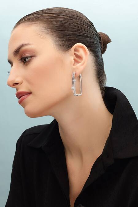 Shazé_Silver Plated Stones Dusk Fire Bar Pattern Embellished Hoops _Online_at_Aza_Fashions