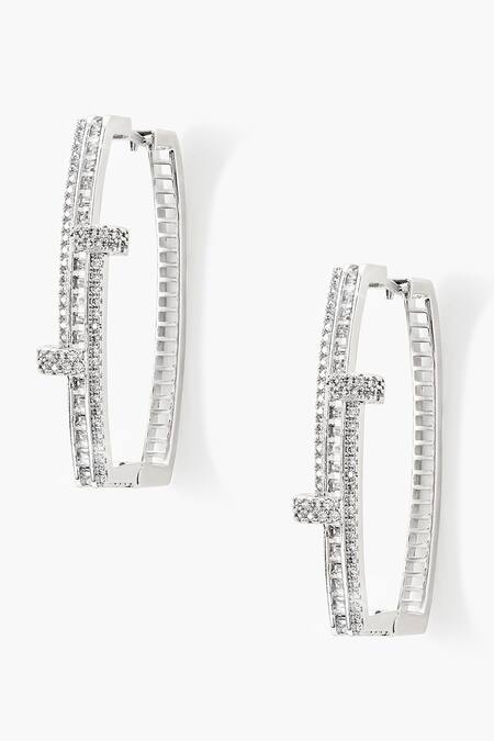 Shazé_Silver Plated Stones Dusk Fire Bar Pattern Embellished Hoops _at_Aza_Fashions