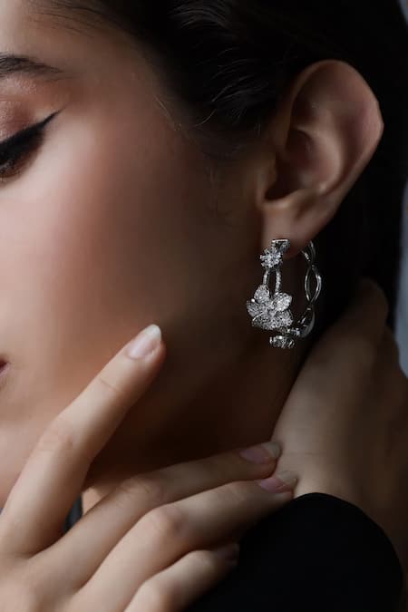 Shazé_Silver Plated Stones Moon Flowers Embellished Intervined Hoops _Online_at_Aza_Fashions