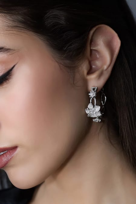 Buy_Shazé_Silver Plated Stones Moon Flowers Embellished Intervined Hoops _Online_at_Aza_Fashions