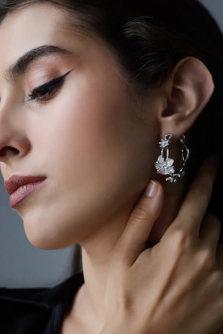 Shop_Shazé_Silver Plated Stones Moon Flowers Embellished Intervined Hoops _Online_at_Aza_Fashions