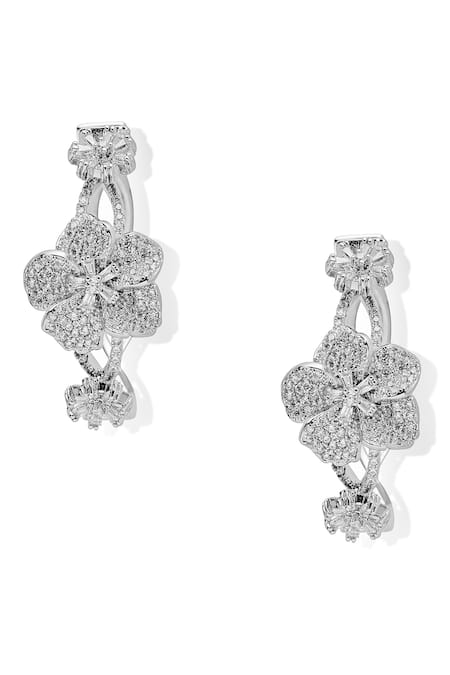 Shazé_Silver Plated Stones Moon Flowers Embellished Intervined Hoops _at_Aza_Fashions
