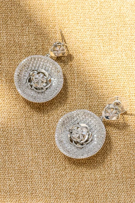 Shop Shazé Silver Plated Stones Lunar Umbra Round Embellished Earrings at Aza Fashions Shop_Shazé_Silver Plated Stones Lunar Umbra Round Embellished Earrings _at_Aza_Fashions