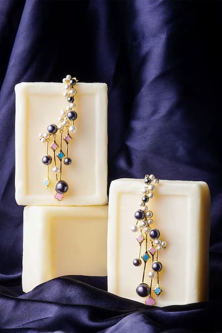 Shop_Shazé_Gold Plated Stones, Pearls Moonlight Sonata Bead Embellished Earrings_at_Aza_Fashions