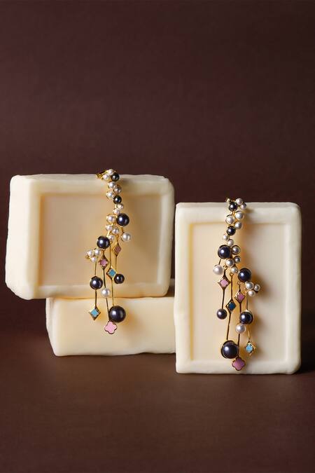 Shop_Shazé_Gold Plated Stones, Pearls Moonlight Sonata Bead Embellished Earrings_Online_at_Aza_Fashions