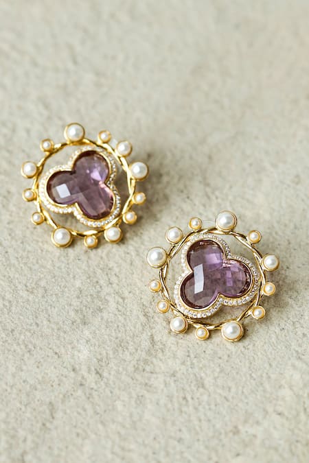 Shop_Shazé_Multi Color Stone Nimbus Floral Carved Stud Earrings _at_Aza_Fashions