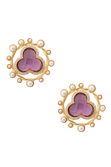 Shazé_Multi Color Stone Nimbus Floral Carved Stud Earrings _Online_at_Aza_Fashions