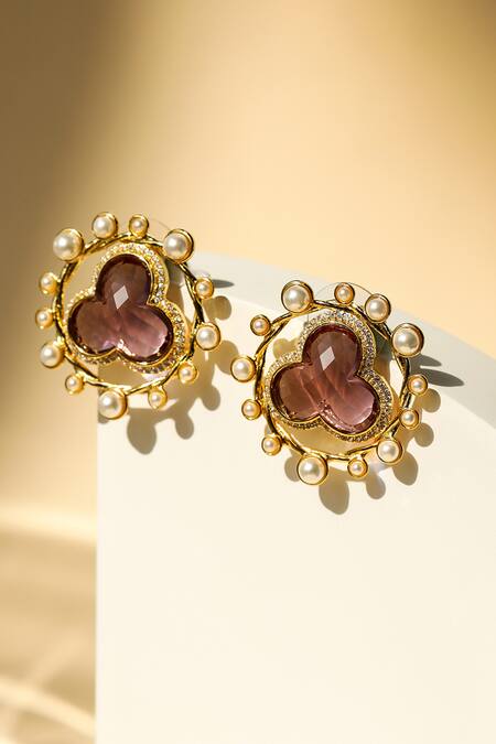 Shazé_Multi Color Stone Nimbus Floral Carved Stud Earrings _at_Aza_Fashions