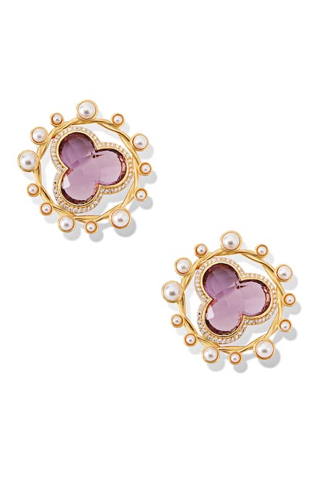 Buy_Shazé_Multi Color Stone Nimbus Floral Carved Stud Earrings 