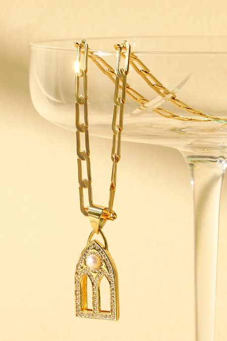 Shop Shazé Gold Plated Nicoletta Mughal Carved Pendant Necklace at Aza Fashions Shop_Shazé_Gold Plated Nicoletta Mughal Carved Pendant Necklace _at_Aza_Fashions