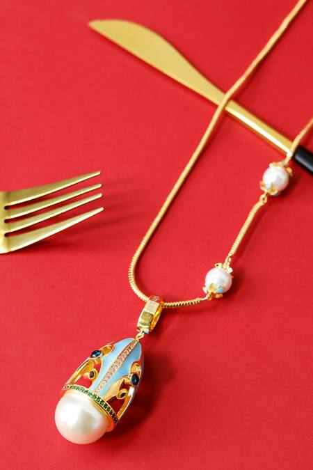 Shop Shazé Multi Color Victorias Coronation Embellished Pendant Necklace at Aza Fashions Shop_Shazé_Multi Color Victorias Coronation Embellished Pendant Necklace_at_Aza_Fashions