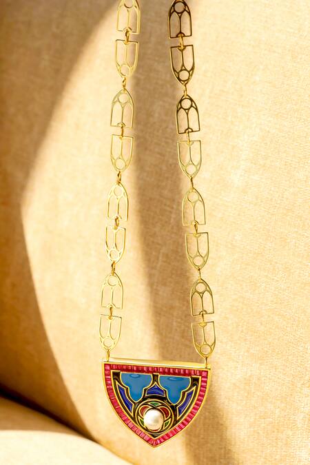 Shop Shazé Multi Color Insignia Mughal Carved Pendant Necklace at Aza Fashions Shop_Shazé_Multi Color Insignia Mughal Carved Pendant Necklace _at_Aza_Fashions