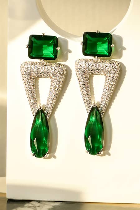 Shop_Shazé_Silver Plated Stone Gaias Pyramid Shaped Earrings _at_Aza_Fashions