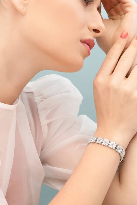 Shazé_Silver Plated Stones Evernova Floral Carved Cutwork Bracelet_at_Aza_Fashions