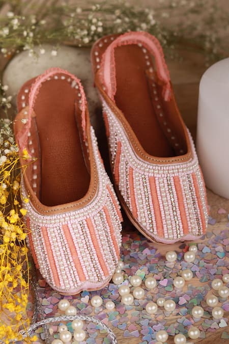 Shop_Hello JR_Peach Embellished Bead Pearl Mules _at_Aza_Fashions