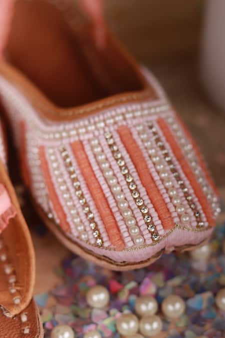 Buy_Hello JR_Peach Embellished Bead Pearl Mules _Online_at_Aza_Fashions