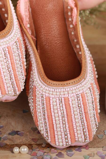 Shop_Hello JR_Peach Embellished Bead Pearl Mules _Online_at_Aza_Fashions
