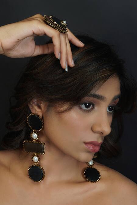 Shop Rejuvenate Jewels Black Pearls Sustainable Cascading Sawdust Earrings Online at Aza Fashions Shop_Rejuvenate Jewels_Black Pearls Sustainable Cascading Sawdust Earrings _Online_at_Aza_Fashions