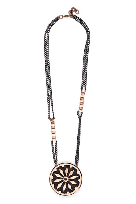 Shop Rejuvenate Jewels Black Ashoka Chakra Pendant Necklace at Aza Fashions Shop_Rejuvenate Jewels_Black Ashoka Chakra Pendant Necklace _at_Aza_Fashions