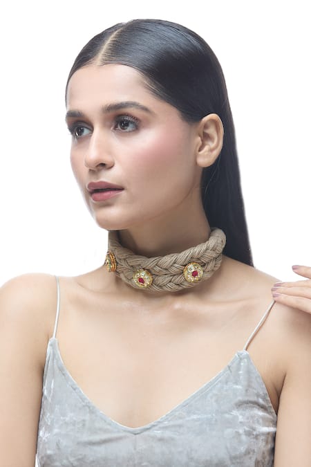 Just Shradhas Brown Natural Stones Embellished Choker Necklace 