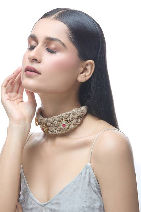 Just Shradhas Brown Natural Stones Embellished Choker Necklace Online at Aza Fashions Just Shradhas_Brown Natural Stones Embellished Choker Necklace _Online_at_Aza_Fashions