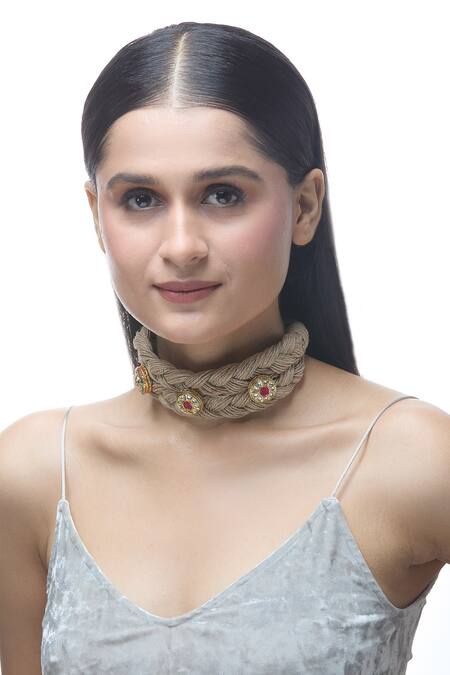 Shop Just Shradhas Brown Natural Stones Embellished Choker Necklace Online at Aza Fashions Shop_Just Shradhas_Brown Natural Stones Embellished Choker Necklace _Online_at_Aza_Fashions