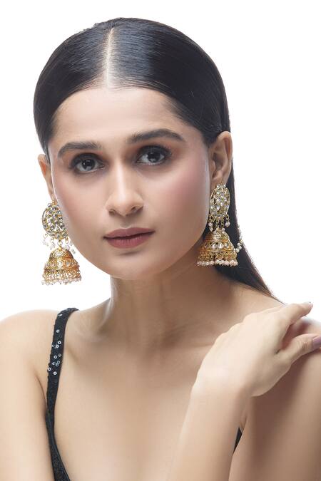 Shop Just Shradhas Gold Plated Embellished Jhumka Earrings Online at Aza Fashions Shop_Just Shradhas_Gold Plated Embellished Jhumka Earrings _Online_at_Aza_Fashions