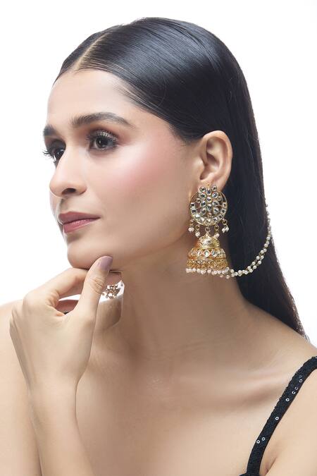 Just Shradhas Gold Plated Embellished Jhumka Earrings at Aza Fashions Just Shradhas_Gold Plated Embellished Jhumka Earrings _at_Aza_Fashions