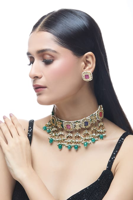 Just Shradha's Multi Color Pearls Embellished Choker Necklace Set 