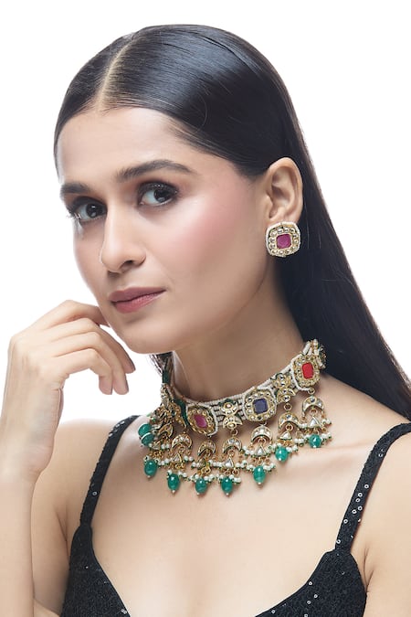 Just Shradhas Multi Color Pearls, Stones Embellished Choker Necklace Set at Aza Fashions Just Shradhas_Multi Color Pearls, Stones Embellished Choker Necklace Set _at_Aza_Fashions