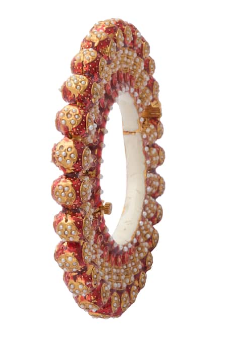 Shop Just Shradhas Red Pearls, Stones Embellished Bangle at Aza Fashions Shop_Just Shradhas_Red Pearls, Stones Embellished Bangle _at_Aza_Fashions