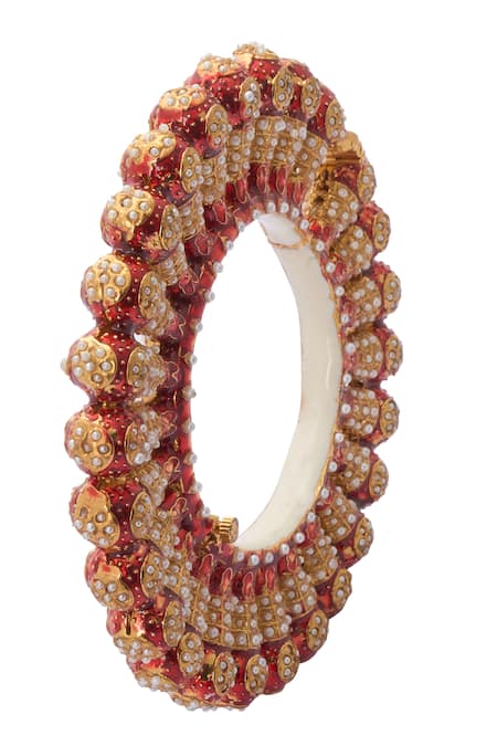 Shop Just Shradhas Red Pearls, Stones Embellished Bangle Online at Aza Fashions Shop_Just Shradhas_Red Pearls, Stones Embellished Bangle _Online_at_Aza_Fashions